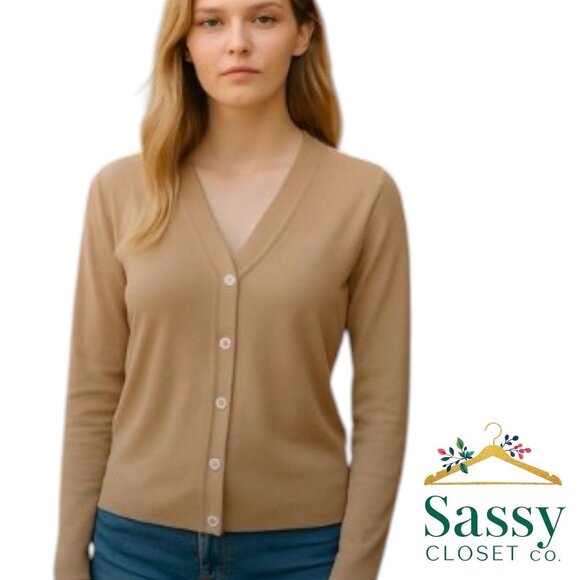 Banana Republic Sweaters - BANANA REPUBLIC Neutral Cardigan – Tan V-Neck, Soft Cotton, M